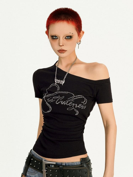 Knit Top Black Y2K Rhinestone One-Shoulder Short Sleeve