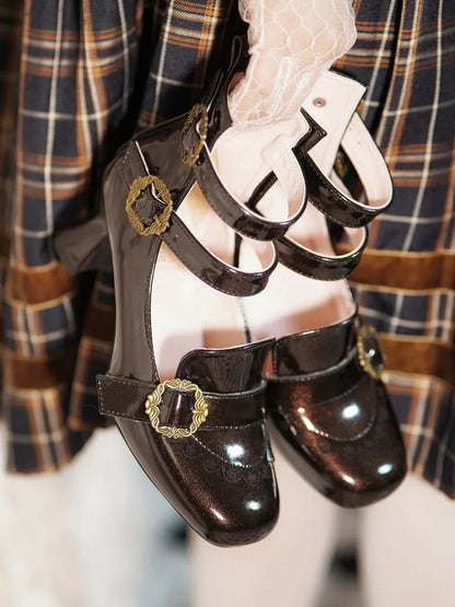 Elegant in Mid Rosette Fastening System Embellishments Glittery Triple Lolita Brown Heels with