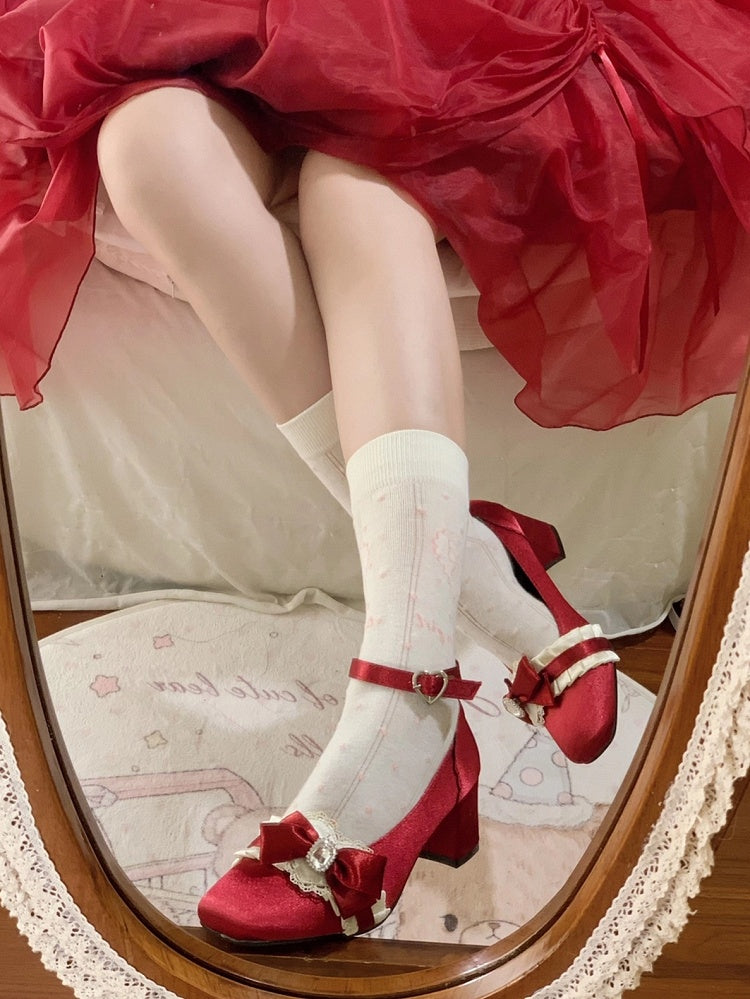 Red Bow Mary Rhinestone Lolita Ruffles on Decor Accents Applique Wine Heart Mid-heel Janes with for