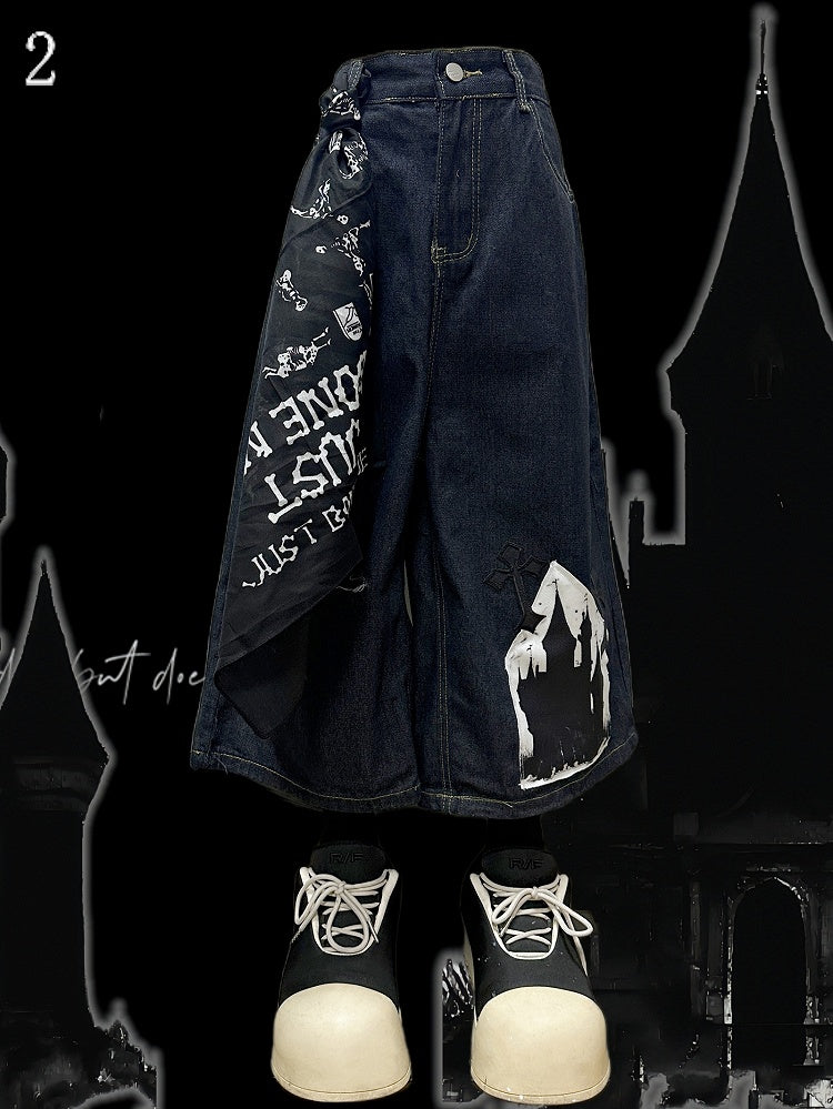 Cross Applique Design Shorts Dark Blue Distressed Holes Wide-Leg Cargo Y2K