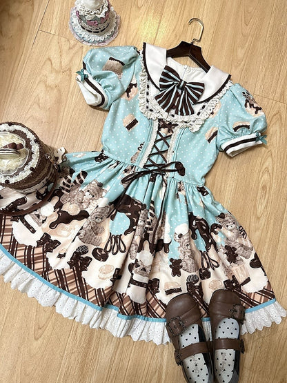 Green Sweet Print Desserts Teddy Mint Dress Lolita Chocolate and