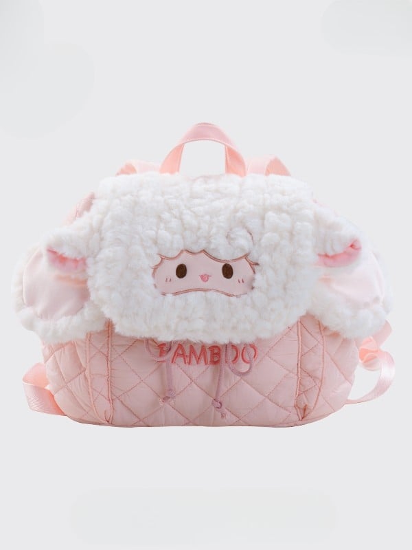 Diamond Letter Lamb Backpack Flap WhitePink Embroidery Plush Pattern