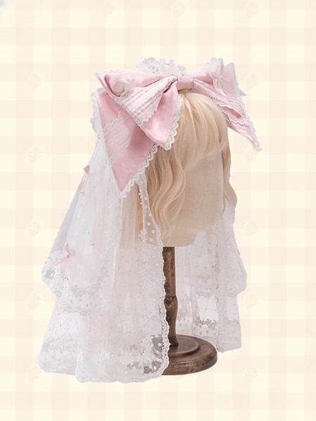 Large Bow Lolita Veil Head Pink/Red