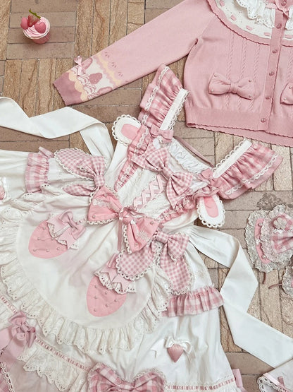 Details Sweet White with Pink Lolita Flutter Bow Dress Gingham Sleeves