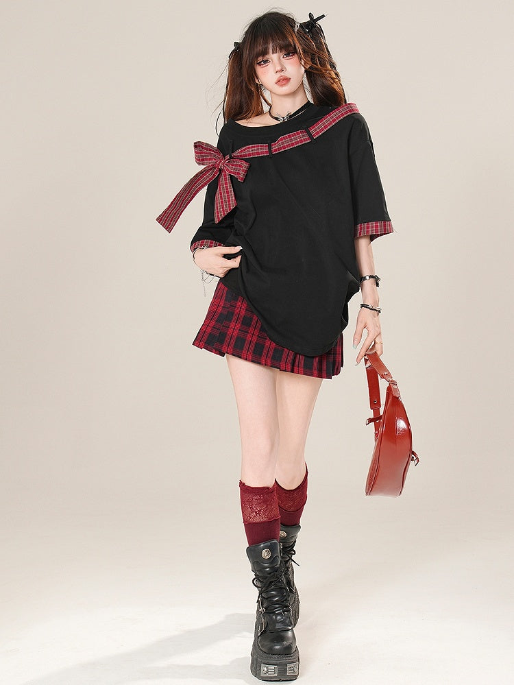 T-shirt Plaid Neckline Pattern Asymmetrical Bowknot Black/Gray
