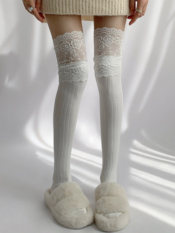 Spitzenstrümpfe mit Overknee-Besatz in Grau/Beige/Hellgrau/Weiß/Schwarz/Dunkel