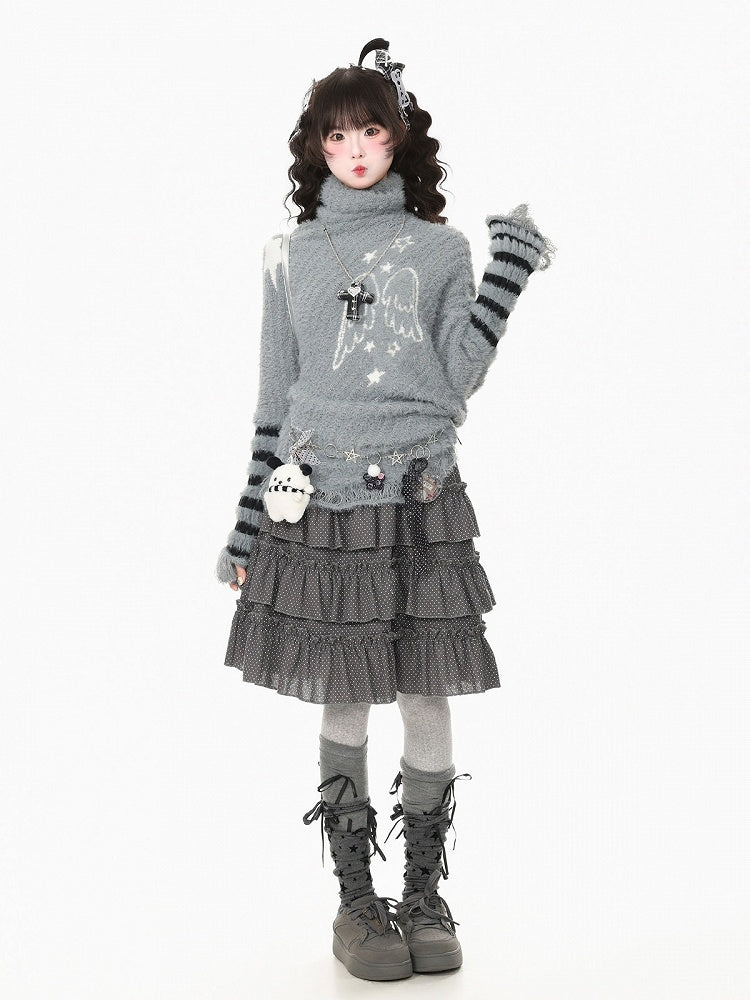 Cool Season Kawaii Gray Asymmetric Faux Mohair Star Wing Sweater - Languid Park