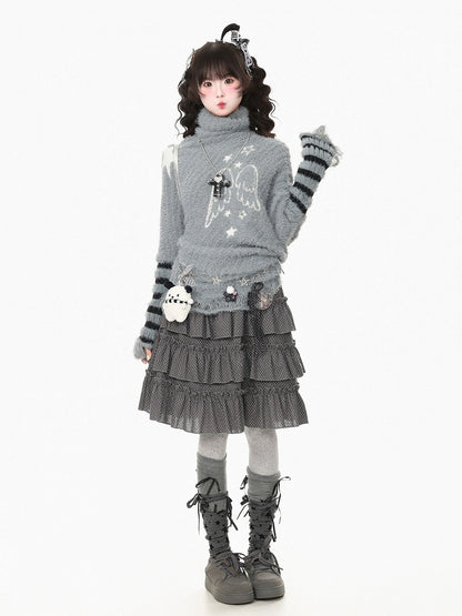 Cool Season Kawaii Gray Asymmetric Faux Mohair Star Wing Sweater - Languid Park