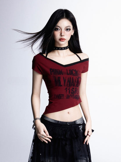 Rock and Hem Red Halter Neck Asymmetrical Neckline Graphic Cropped T-shirt Punk Y2K
