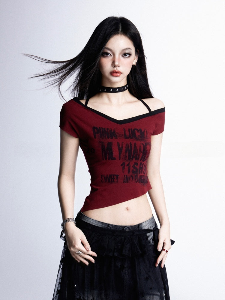 Asymmetrical Graphic Halter Neck Cropped Neckline T-shirt Punk Red Rock with Y2K Hem