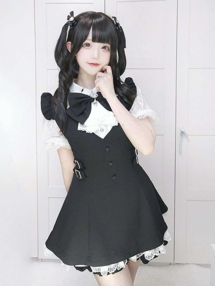 Jabot Black Jirai-Kei Plaid Short Sleeve Gown with Lace Bow Accents + Matching Shorts Set - Puzzles
