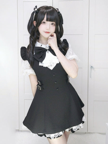 Jabot Black Jirai-Kei Plaid Short Sleeve Gown with Lace Bow Accents + Matching Shorts Set - Puzzles