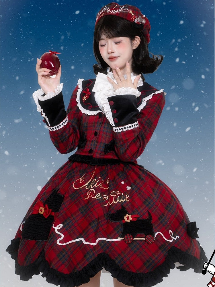 Plaid Pattern Jacket with Embroidery and Bowknot in Red or Pink - iris de nuit