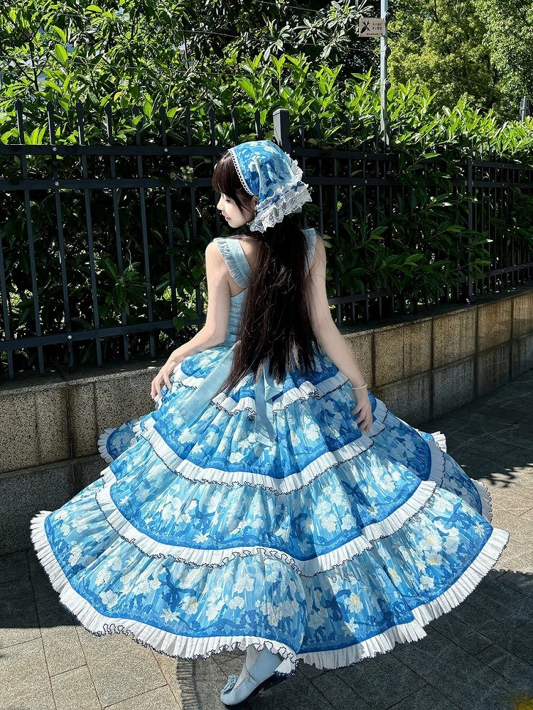 Blue Classic Lolita JSK Dress with Narcissus Print Hem - Flower Ferry Lolita