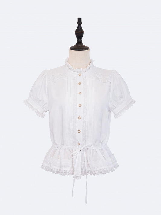 White Lace Trimmed Elegant Lolita Blouse with Drawstring Belt