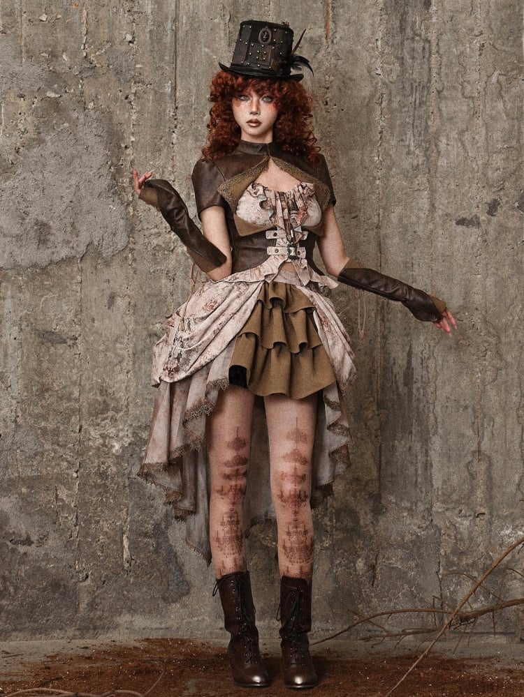 High-Low-Rock aus Jacquard mit Batikmuster und Rüschenbesatz