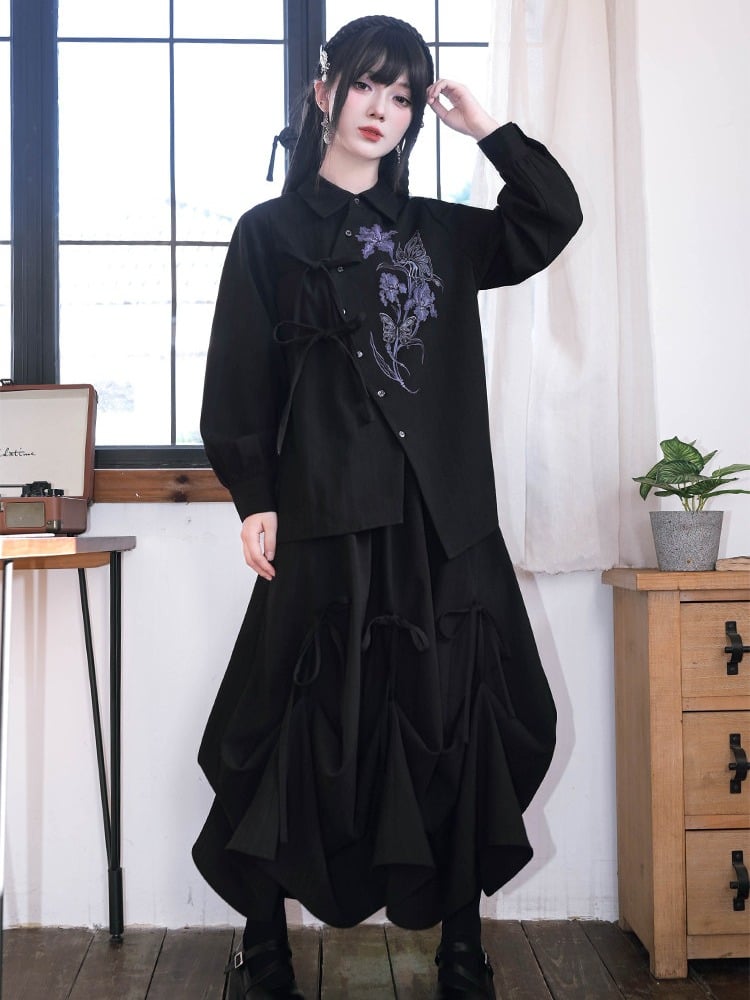 Gothic Long-Sleeve Shirt with Asymmetric Placket & Iris Print in Black Purple - Quirky Hut