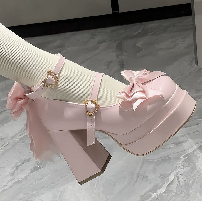 Top Heels Toe Bow at Pink Round High Block Sweet Platform Light Lolita Design with
