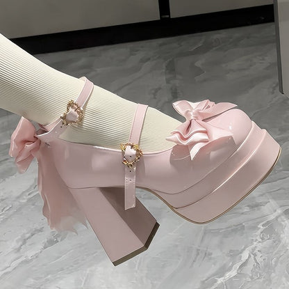 Top Heels Toe Bow at Pink Round High Block Sweet Platform Light Lolita Design with