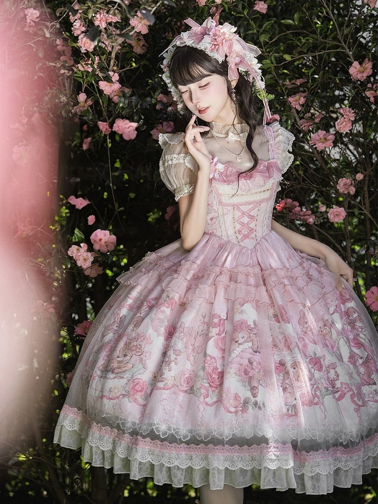 Pink Deer & Floral Print Flutter Sleeves Sweet Lolita JSK Dress with Overlay - Honey Machine