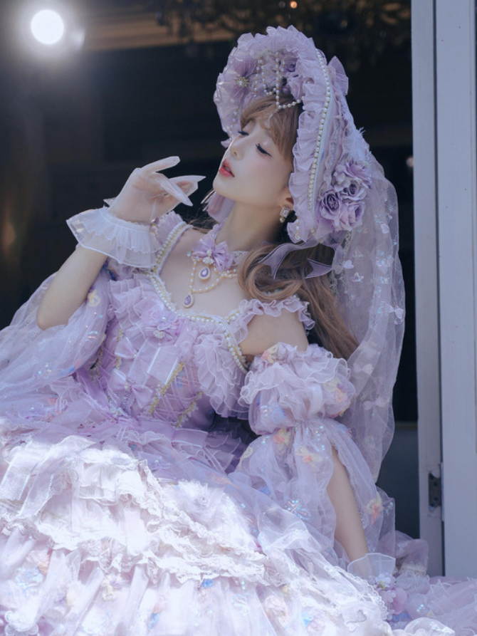 Details Sequined and Bonnet Lolita Bead Veil Hanayome Purple Floral Design with