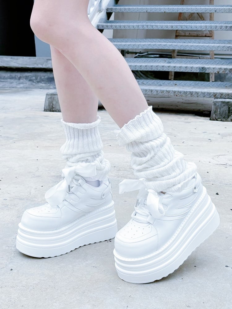 Lace-up Kei Platform White Closure Sneakers Jirai PU Design