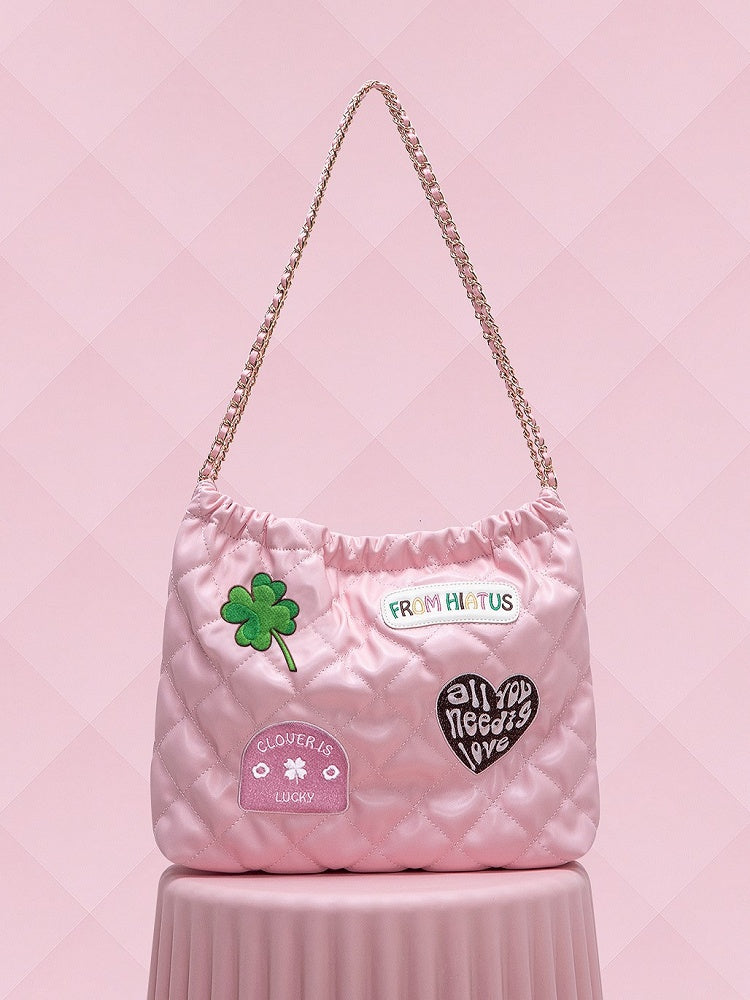 Sweet Pink Diamond Bag With Clover And Letter Embroidery Quilted Drawstring Shoulder