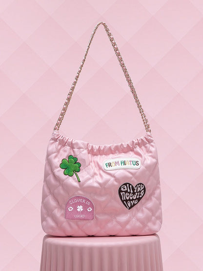 Sweet Pink Diamond Bag With Clover And Letter Embroidery Quilted Drawstring Shoulder