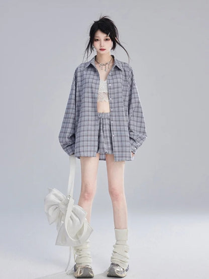 Lockeres blau-weiß kariertes Vintage-Shirt/Ballerrock