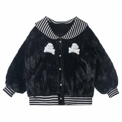 Schwarz gestreifter Plüschmantel mit Matrosenkragen