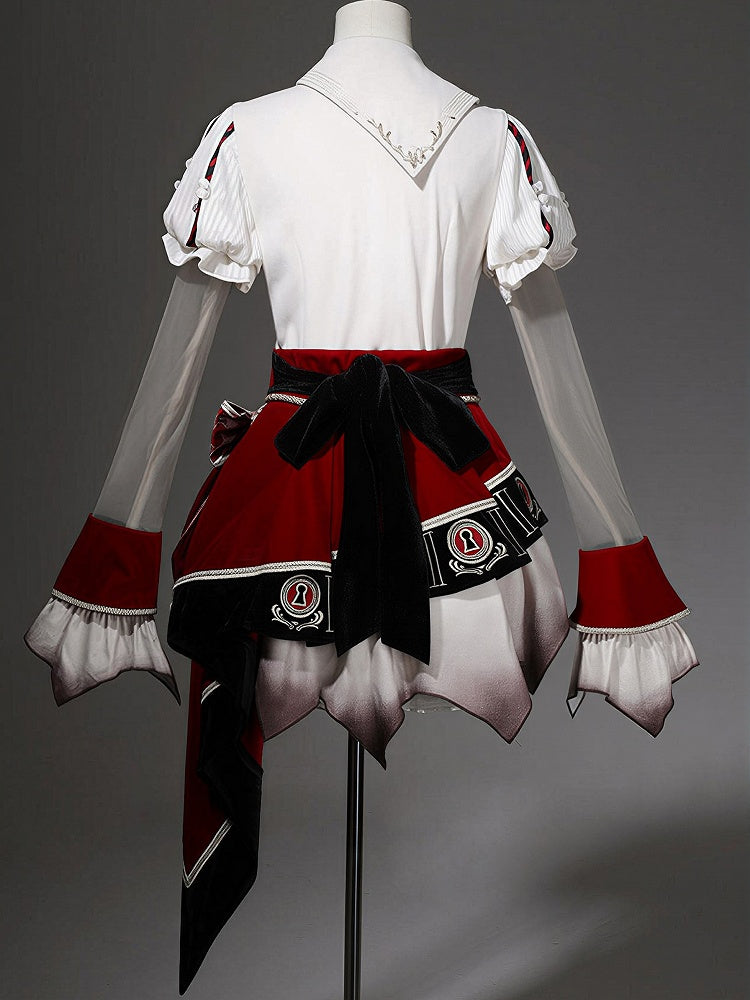 Red Black Juliette Sleeves Preppy Lolita Blouse Asymmetric Skirt Set - Unknown Star