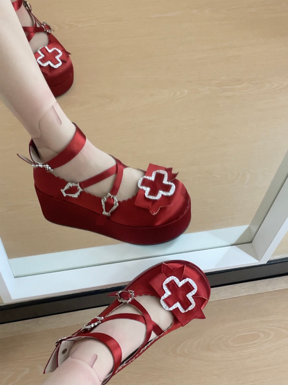 Heel 6cm Red Shoes Straps Gothic Balletcore Criss-cross Buckle Chunky Platform Satin