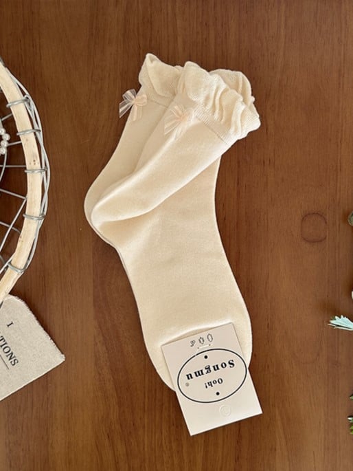 Details Rosa/Blau/Schwarz/Weiß/Gelb/Graue Wadensocken mit Rüschenbündchen und Schleife