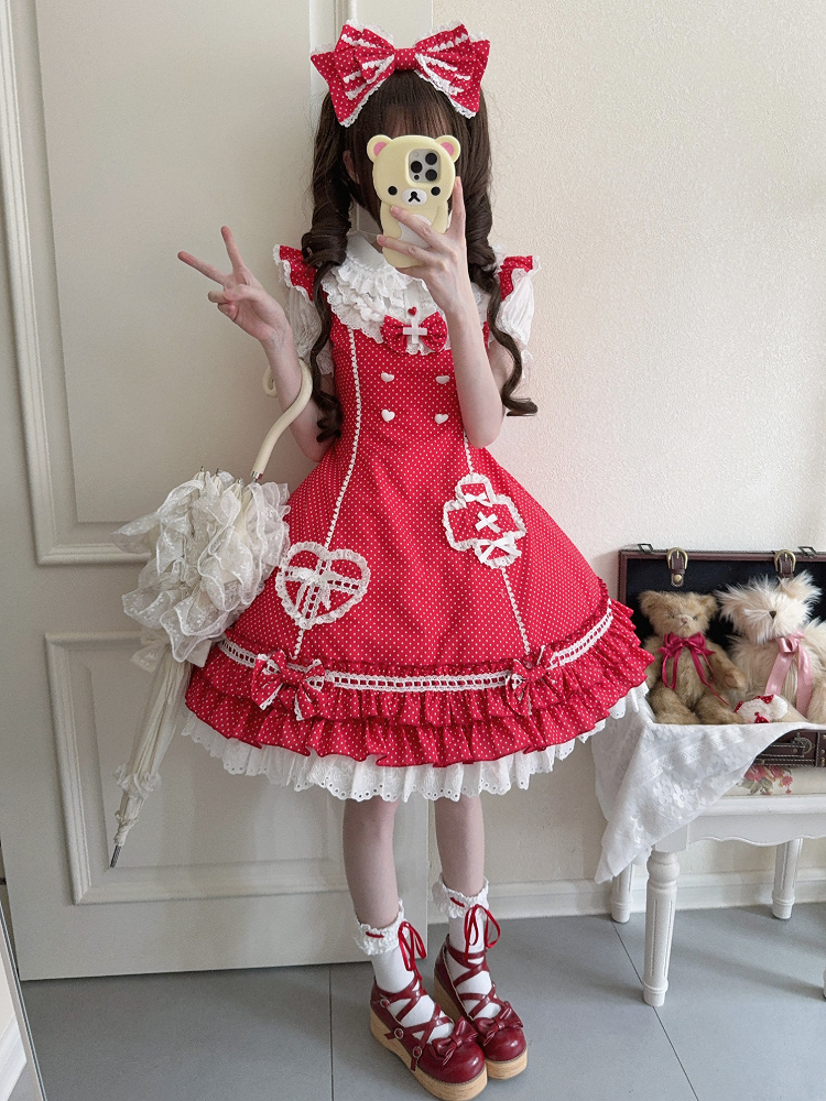 Rüschenmuster Saum Lagenkleid Polka-dot Lolita Red Nurse