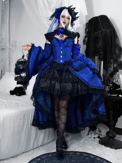Klein Blue Black Gothic Corset Ensemble Skirt Collar Bell Sleeves - Somnium Isle