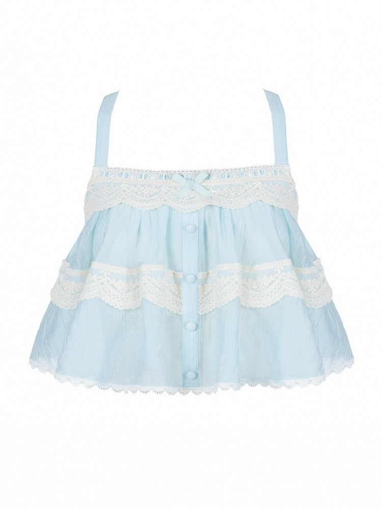 Blue Square Neck Lace Sleeveless Top with Adjustable Straps - With PUJI