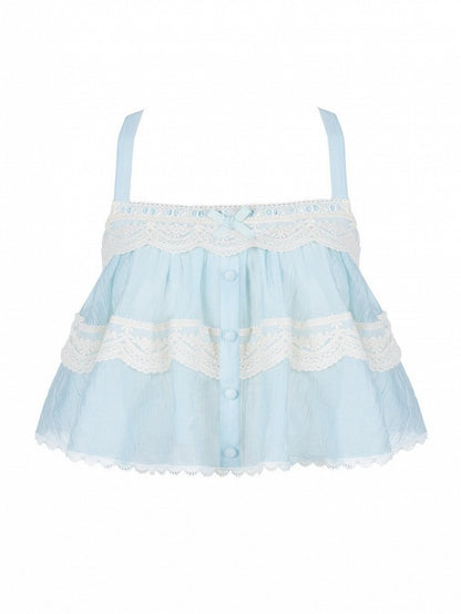 Blue Square Neck Lace Sleeveless Top with Adjustable Straps - With PUJI