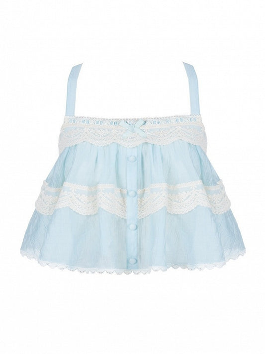 Blue Square Neck Lace Sleeveless Top with Adjustable Straps - With PUJI