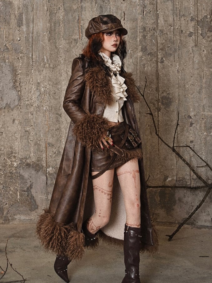 Brown Vintage Mailard Winter Padded Coat Leather Fabric