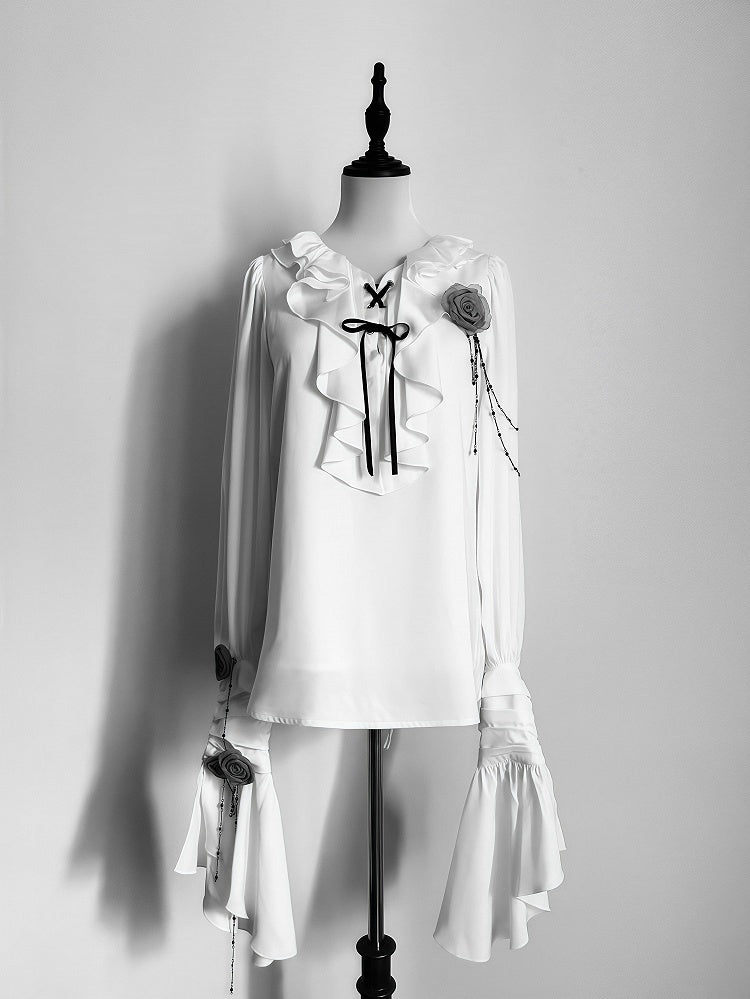 Ivory Cascading Ruffle Shirt with Gray Floral Chains - Shi Zhi Mao