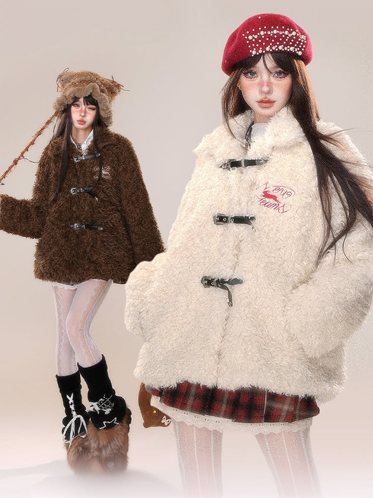 Dark Brown White Letter Buckle Straps Teddy Coat