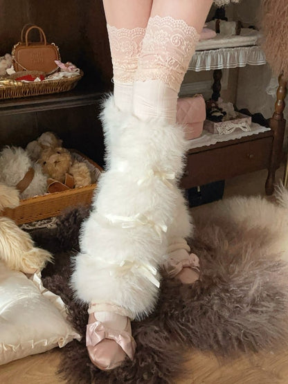 With Details Bow Elegant Fur White Faux Leg Warmers