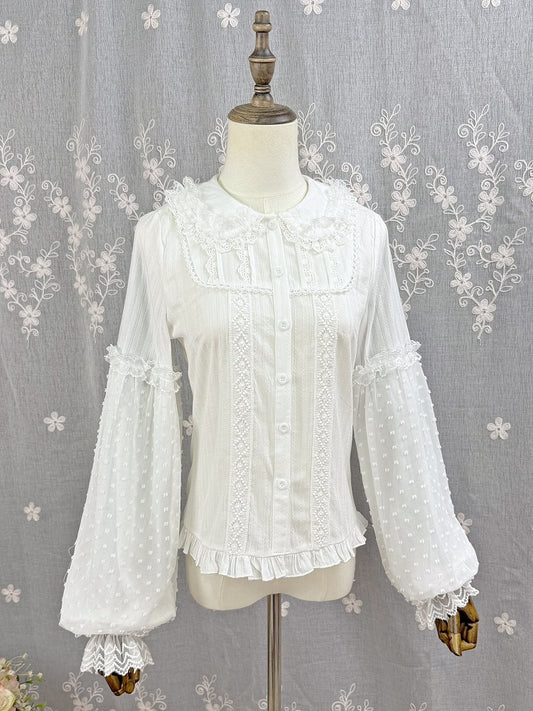 Cotton Jacquard Sleeves Long White Lolita Blouse