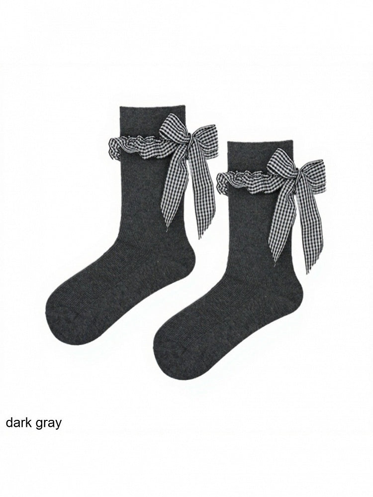 Ribbed Ankle Socks with Plaid Bow Decoration - ModaSwings