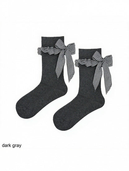 Ribbed Ankle Socks with Plaid Bow Decoration - ModaSwings