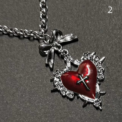 Schleife Halskette Y2K Rotes Kreuz Burgund Herz Schlüsselanhänger/Rot