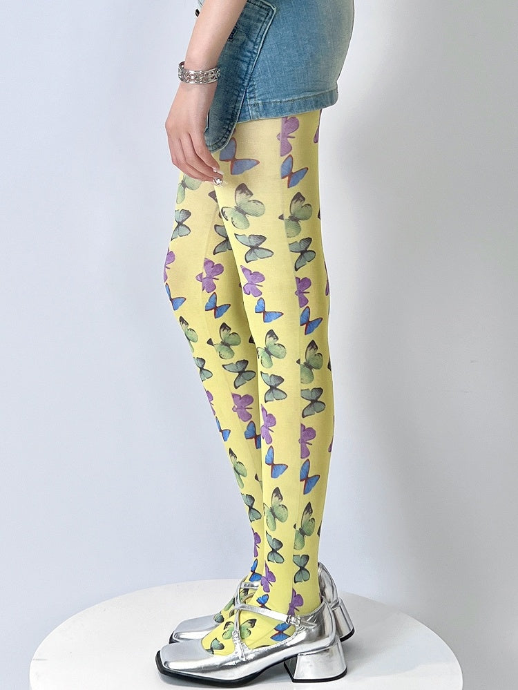 Yellow/Black Butterfly Print Tights