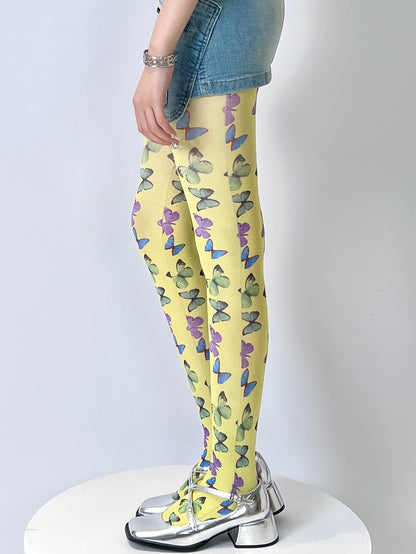 Yellow/Black Butterfly Print Tights