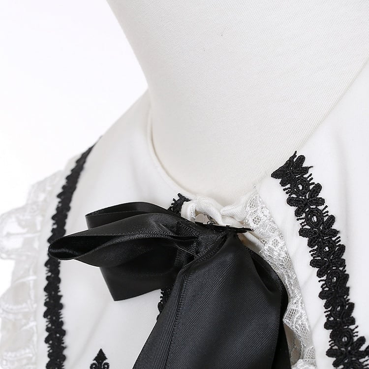 ジライケイ ホワイト ポインテッドフラットカラー レースパッチショルダー ランドマインスタイルシャツ