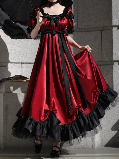 レッドエンパイアウエストマキシドレス ビーズディテール エレガントロリータ